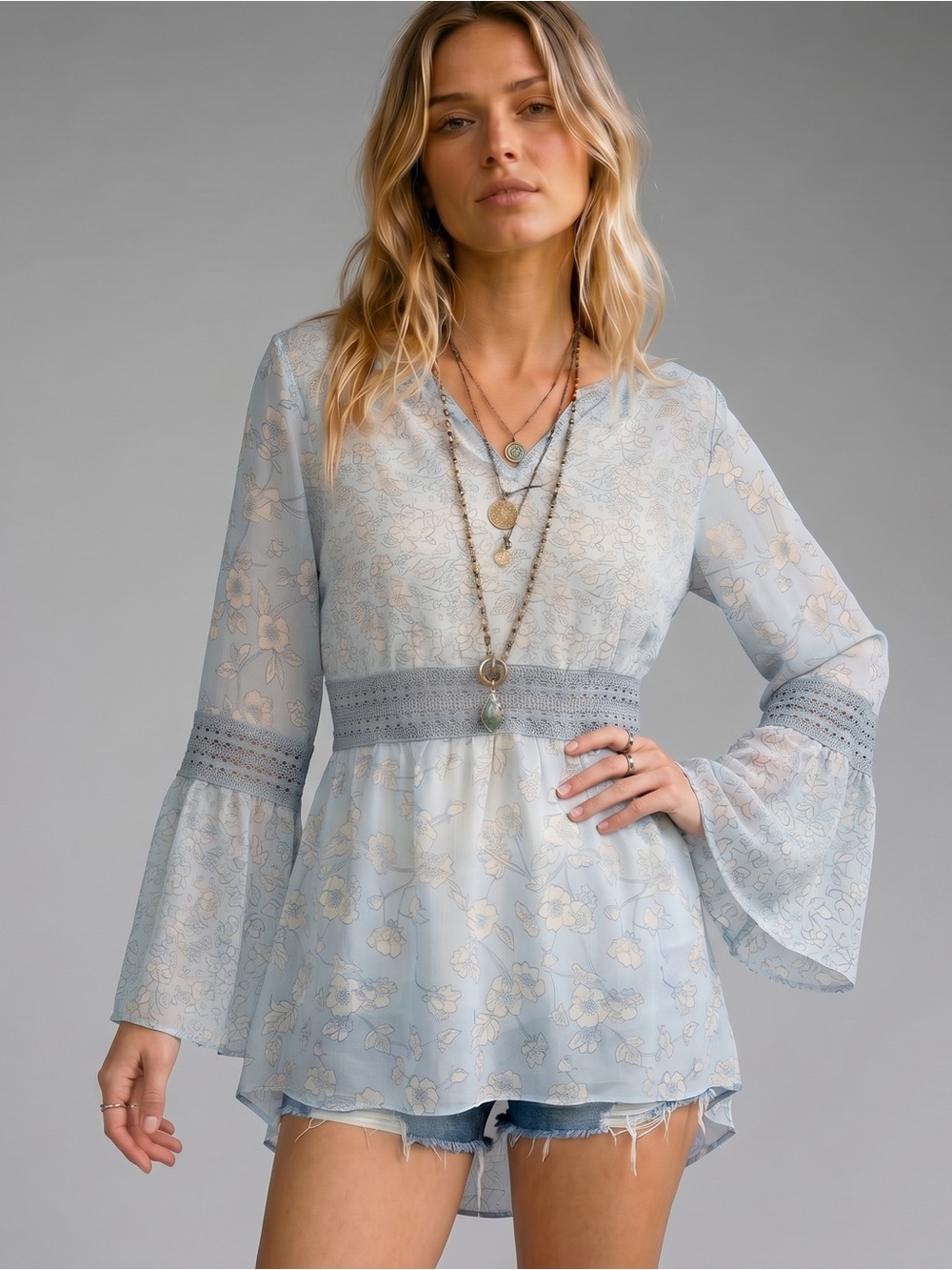 VINTAGE LAAZA Sheer Floral Bell Sleeve Top - Picture 1 of 6